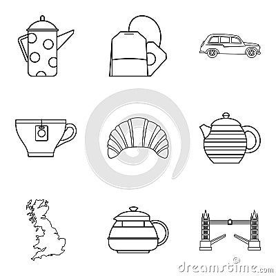 Tea place icons set, outline style Vector Illustration