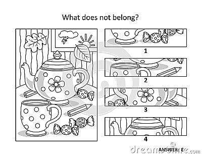 Tea pot, cup, candy, pencils. Visual puzzle or picture riddle: What does not belong? Vector Illustration