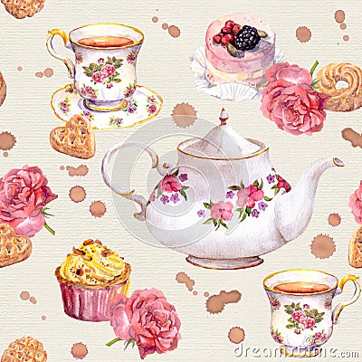 Tea pot, teacup, cakes, flowers. Repeating teatime pattern. Watercolour Stock Photo