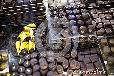 Tea-room display with delicious finest chocolates Stock Photo