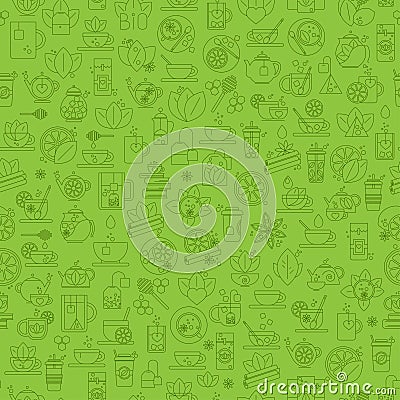 Tea seamless background with thin line icons - green tea pattern Vector Illustration