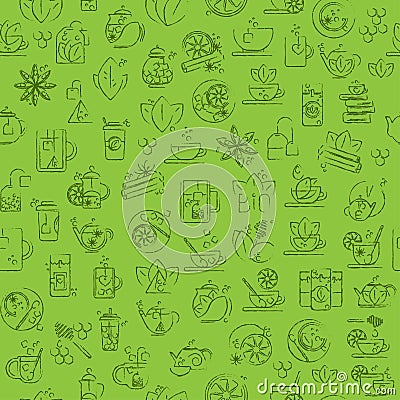 Tea seamless background with thin line icons - green tea pattern Vector Illustration