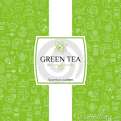 Tea seamless background with thin line icons - green tea pattern Vector Illustration