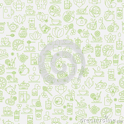 Tea seamless background with thin line icons - white tea pattern Vector Illustration