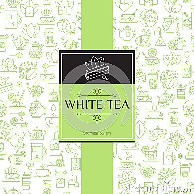 Tea seamless background with thin line icons - white tea pattern Vector Illustration