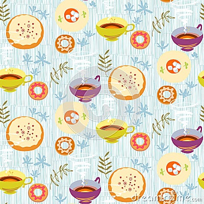 Tea seamless pattern. Stylized tea cups, plates with sugar Vector Illustration