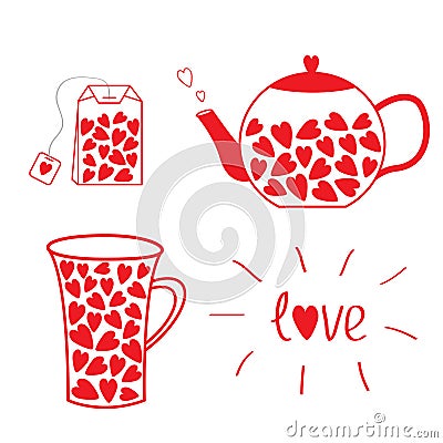 Tea set collection with hearts. Teabag, teacup and teapot. Love Vector Illustration