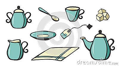 Tea set Color in hand-drawning style Stock Photo