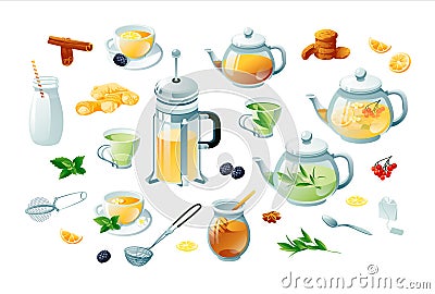 Tea set green, herbal. Teapots, cups, tea bag, strainer, cookies. Vector Illustration