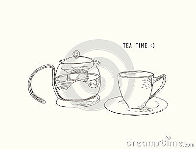 Tea set , kettle and cup , sketch vector. Vector Illustration