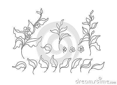 Tea set. Linear tree, leaves. Graphic bio symbol Vector Illustration