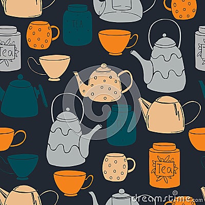 Teapots, cups and cans for tea. Vector pattern Vector Illustration