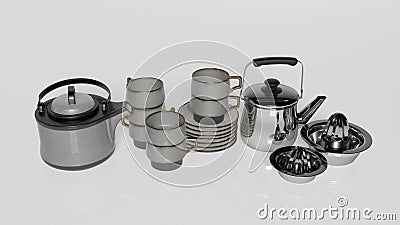 Tea set, teapots with tea cups, saucers and lemon squeezer Stock Photo