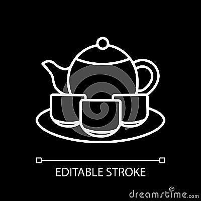 Tea set white linear icon for dark theme Vector Illustration