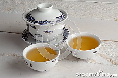 Tea set on wooden background Stock Photo