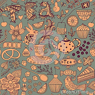 Tea,sweets seamless doodle pattern. Copy that square to the side Vector Illustration