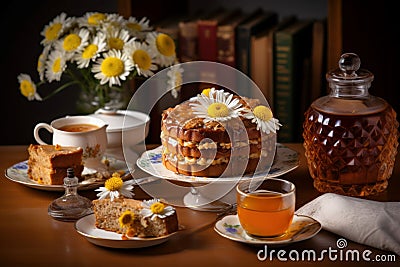 Tea table cake honey. Generate Ai Stock Photo