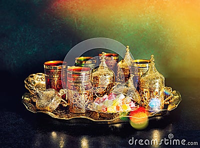 Tea table Oriental hospitality Ramadan vintage light leaks Stock Photo