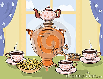 Tea table with samovar in Slavic style Vector Illustration