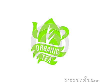 Tea, tea leaf and teapot, logo design. Cafe, tea room, hot drink and herbal tea, vector design Vector Illustration