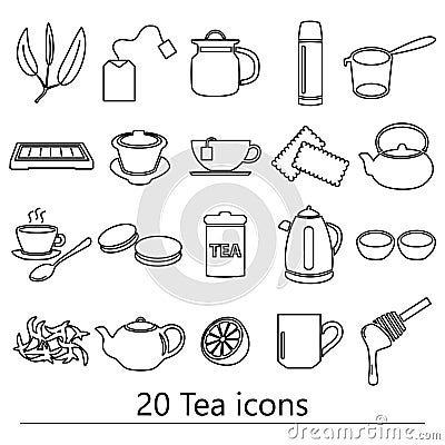 Tea theme black simple outline icons set Vector Illustration