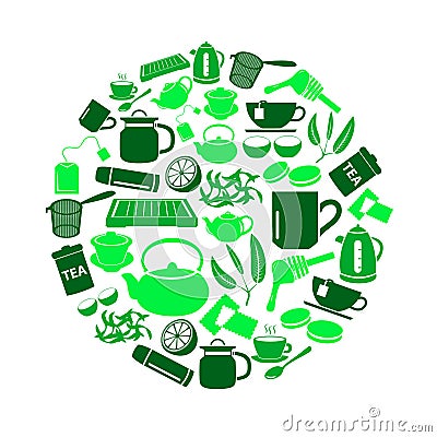 Tea theme green simple icons set in circle Vector Illustration