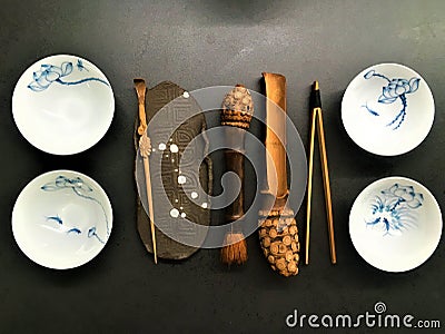 Tea time and artistic tools Stock Photo