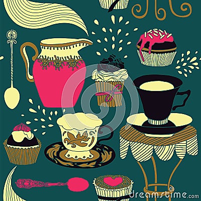 Tea time background. Cakes. Cartoon Illustration
