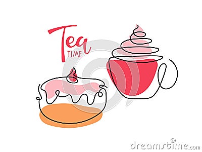 Tea time. Continuous one line drawing hot drink cup and bakery doughnut. Foamy whipped coffee with baking. Sketch Vector Vector Illustration