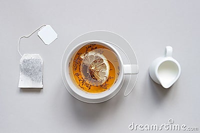 Tea time. Cup of hot black tea on the blue background, top view Stock Photo