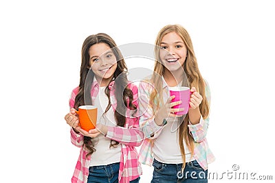 It is tea time. Drinking tea while break. Relaxing with drink. Tea break. Children do not drink enough during school day Stock Photo