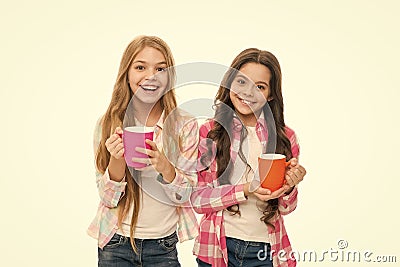 It is tea time. Drinking tea while break. Relaxing with drink. Tea break. Children do not drink enough during school day Stock Photo