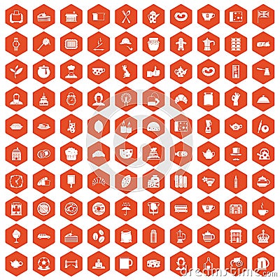 100 tea time food icons hexagon orange Vector Illustration