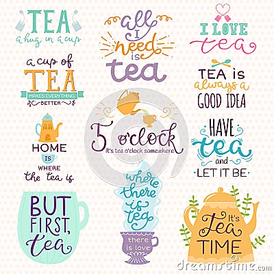 Tea time lettering logo quote vector lettering handdrawn cup of tea vintage print teatime typography poster design Vector Illustration