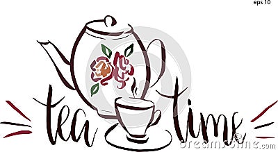 Tea time lettering in vector. Cup with swirl design elements and retro teapot with flower. Vector Illustration