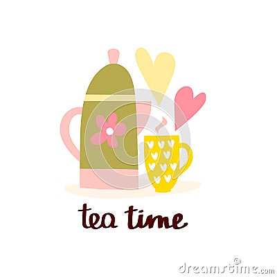 Tea Time and tea mug illustration and lettering Vector Illustration