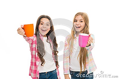 It is tea time. Relaxing with drink. Tea break. Children do not drink enough during school day. Make sure kids drink Stock Photo