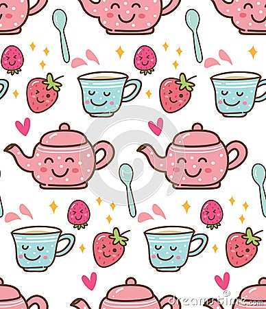 Tea time with strawberry in kawaii style background Stock Photo