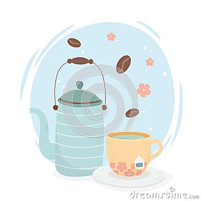 Tea time, teapot and teacup aroma fresh beverage Vector Illustration