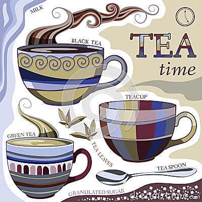 Tea time. Vector illustration with cups of aromatic tea Vector Illustration