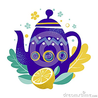 Tea time vector illustration. Teapot with floral design elements and lemon fruit. Blue teapot on the leaves and citrus background Vector Illustration