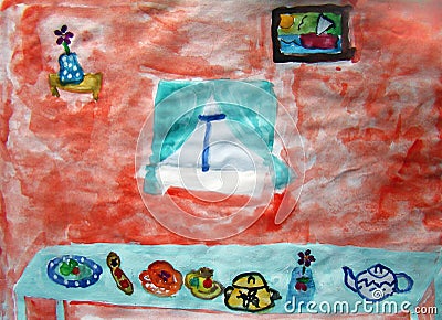 Tea time - watercolor painting made by child Stock Photo