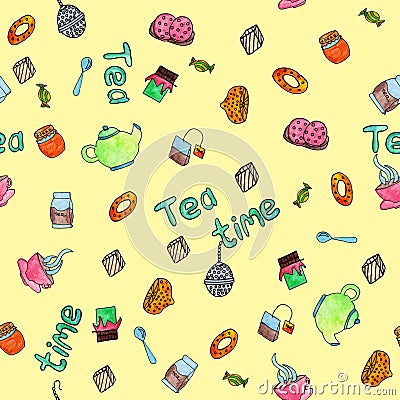 Tea time watercolor seamless patten Vector Illustration