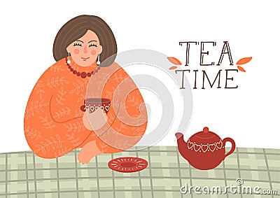 Tea time. Woman drinks tea. Cute girl sits at the table and having a cup of tea Vector Illustration