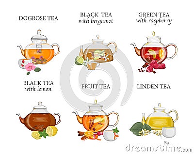 Tea types set. Kettle with hot drink Vector Illustration