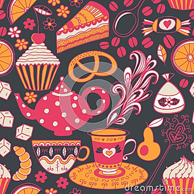Tea vector seamless doodle teatime backdrop.Cakes to celebrate a Vector Illustration