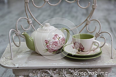 Tea vintage service on the table. Beautiful tea set Stock Photo