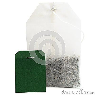 Teabag macro closeup, isolated large detailed green blank empty Stock Photo