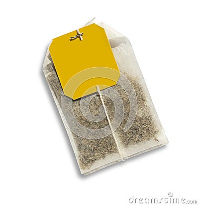 Teabag with yellow label. Stock Photo