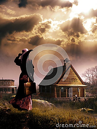 Teacher arriving to school Stock Photo